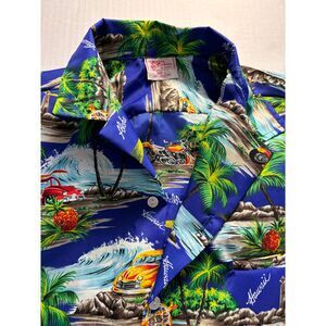 Kalena Fashions Vintage Hawaiian Aloha Shirt Tropical Palm Trees Surfing Print L